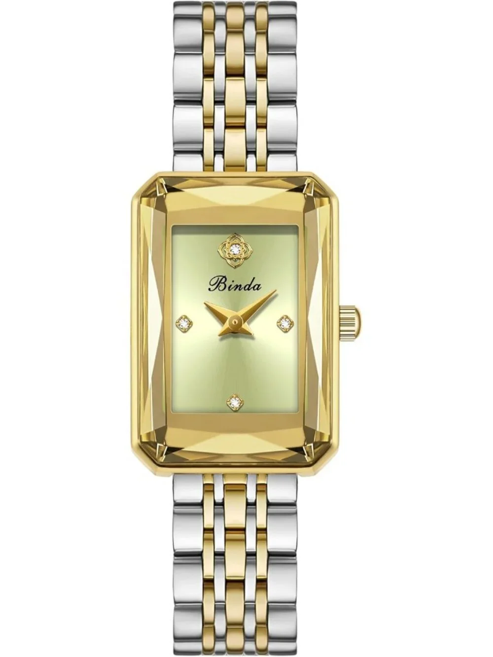 Women's Silver Gold Green Vintage Rectangular Case Stainless Steel Band Watches